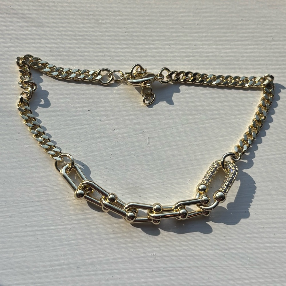 Gold Plated Mixed Chain Bracelet w/ Pavé Link ✨ Trendy Chunky Statement Jewelry - Picture 6 of 7